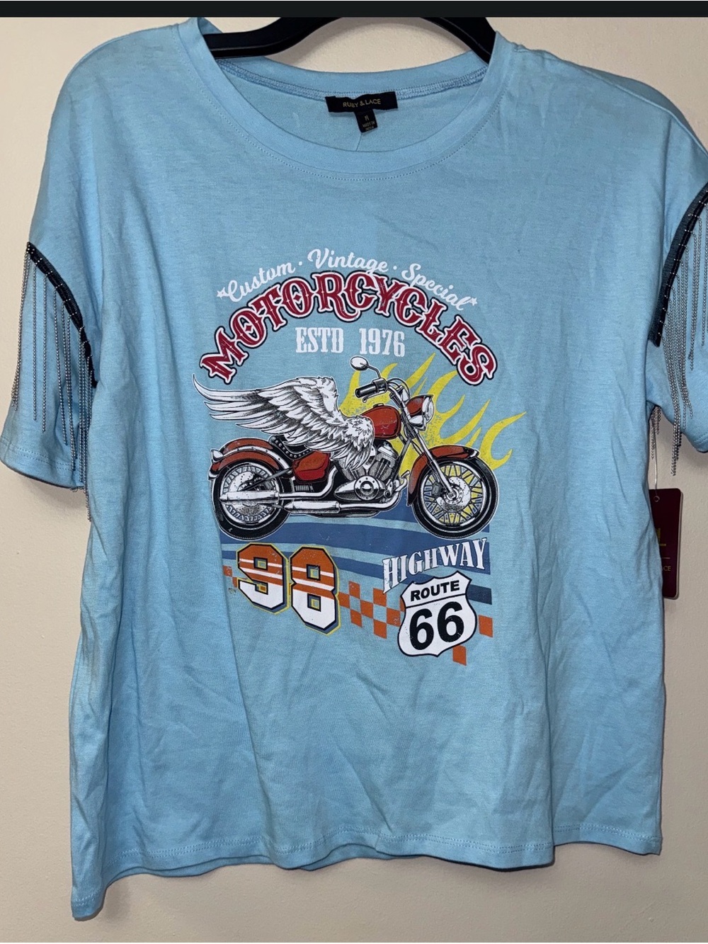Women's Light Blue Motorcycle Graphic Tee
